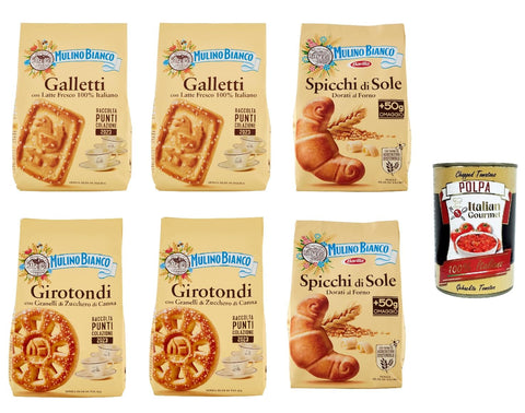 Mulino Bianco Kekse Testpaket Mulino Bianco Galletti Spicchi di sole Girotondi Kekse mit 100 % italienischer Frischmilch 6x 350 g Biscuits cookie + Italian gourmet polpa 400g 8076809505932