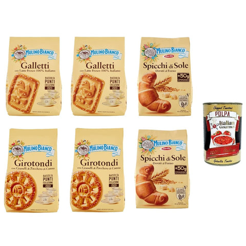 Mulino Bianco Kekse Testpaket Mulino Bianco Galletti Spicchi di sole Girotondi Kekse mit 100 % italienischer Frischmilch 6x350 g Biscuits cookie Original + kostenlos polpa 400 g 8076809505932