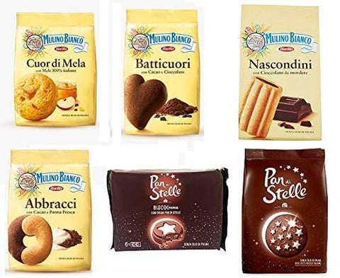 Mulino Bianco Kekse TESTPAKET Mulino Bianco Kekse Italien cookies 6 Vielzahl von Keksen Biscocrema Pan di Stelle Abbracci Batticuori Nascondini Cuor di mela 8076809577274