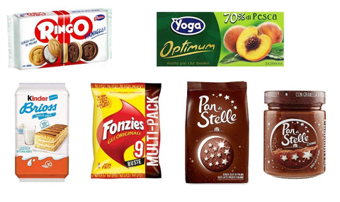 Mulino Bianco Kekse, Zwieback & Chips Kinder Kit Snacks Kekse Fruchtsäfte Maissnack Schokoladencreme 6 Stück Pavesi Kinder Mulino Bianco Yoga Fonzies Pan di Stelle 8076809575850