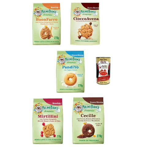 Mulino Bianco Knabberartikel Mulino Bianco testpaket Kekse cookies armonia Cecille Buonfarro Mirtillini PandiYO Cioccoavena 5x 270g italienisch Original 8076809584104