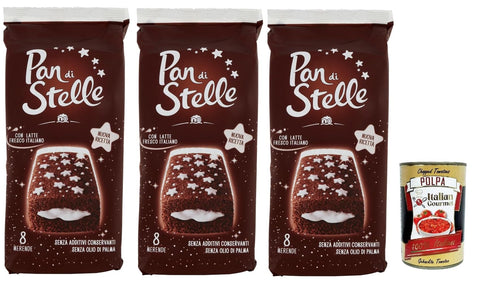 Mulino Bianco Snack Kuchen & Backwaren 3x Pan di Stelle Merenda, Biskuit kuchen mit Kakao und Milchcreme 280g + Italian Gourmet polpa 400g 8076809582223