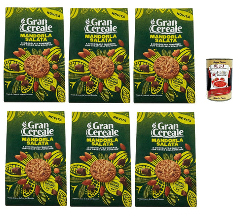 Mulino Bianco Snack Kuchen & Backwaren Gran Cereale, Biscotti con Mandorla Salata e Cioccolato Fondente con Fave dell'Ecuador, Kekse mit Gesalzener Mandel und dunkle Schokolade 6x 280g + Italian Gourmet polpa 400g 8076809584746