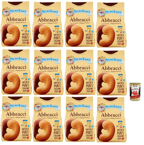 Mulino Bianco Snack Kuchen & Backwaren Mulino Bianco Abbracci Biscotti con Cacao e Panna Fresca, Shortbread-Kekse mit Kakao und frischer Sahne, ohne Palmöl, geschmacksintensives Frühstück, 12x 350 g + Italian gourmet polpa 400g 8076809579568