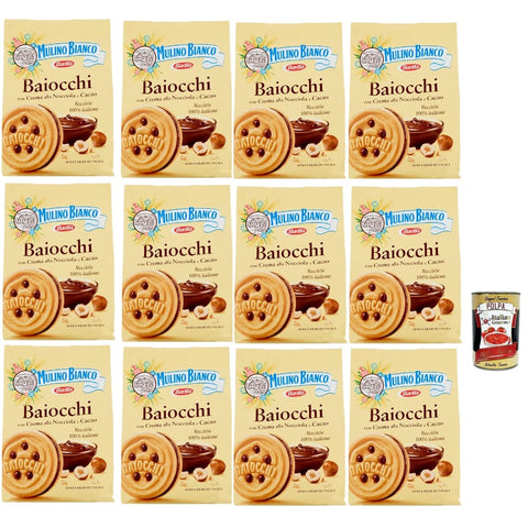 Mulino Bianco Snack Kuchen & Backwaren Mulino Bianco Baiocchi Kekse mit Haselnusscreme und Kakao zum Frühstück und süßer für den Nachmittag 12x260 g italienisch Original + kostenlos polpa 400 g 8032804040014