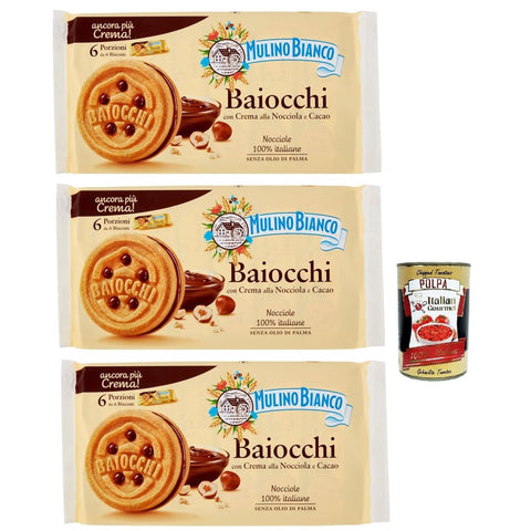 Mulino Bianco Snack Kuchen & Backwaren Mulino Bianco Baiocchi Kekse mit Haselnusscreme und Kakao zum Frühstück und süßer für den Nachmittag 3x336 g italienisch Original + kostenlos polpa 400 g 8032804040014