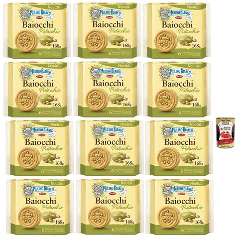 Mulino Bianco Snack Kuchen & Backwaren Mulino Bianco Baiocchi Pistacchio Pistazienkekse Pistaziengebäck Kekse mit Pistazien und Mürbeteig ideal für Frühstück oder Palmölfrei 12x168 g italienisch 8076809581318
