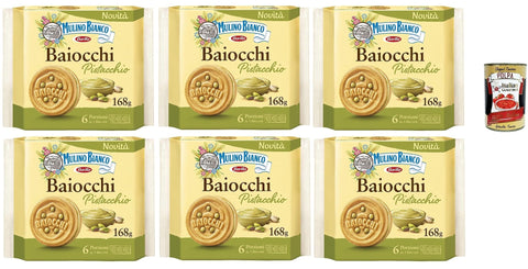 Mulino Bianco Baiocchi Pistacchio, Pistazienkekse, Pistaziengebäck, Kekse mit Pistazien und Mürbeteig, ideal für Frühstück oder Snack, Palmölfrei, 6x 168 g italienisch Original