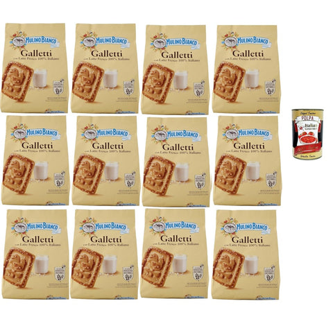 Mulino Bianco Snack Kuchen & Backwaren Mulino Bianco Galletti, Biscotti con latte 100% italiano, Kekse Mit frischer Milch 100% Italienisch, Palmölfreies, leckeres Frühstück, 12x 800 g Original italienisch inkl. Italian Gourmet Polpa 400g 8076809507127