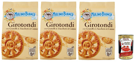 Mulino Bianco Snack Kuchen & Backwaren Mulino Bianco Girotondi Biscotti con Granelli di Zucchero di Canna, Kekse mit Zuckerzuckerkörnern, Ohne Palmöl, Frühstück voller Geschmack, buscits cookies 3x 350 g + Italian Gourmet polpa 400 g 8076809572880