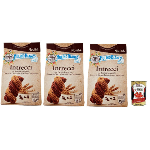 Mulino Bianco Intrecci Biscotti, Vollkorn Kekse mit Kakao Gebäck und Schokoladenchips, biscuits, cookies 3x300g Original italienisch