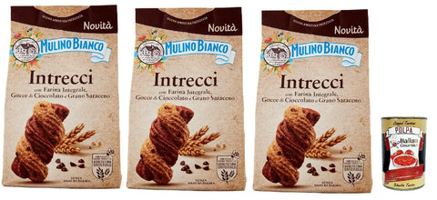 Mulino Bianco Snack Kuchen & Backwaren Mulino Bianco Intrecci Biscotti, Vollkorn -Kekse mit Kakao -Gebäck und Schokoladenchips, biscuits, cookies, 3x 300g + Italian Gourmet polpa 400g 8076809582803