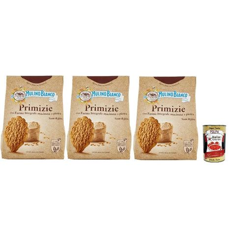 Mulino Bianco Snack Kuchen & Backwaren Mulino Bianco Primizie Biscotti con Farina Integrale Macinata a Pietra, Kekse mit 100% vollem Mehl, Frühstück voller Faser und Geschmack, 3x 700g Original italienisch inkl. Italian Gourmet Polpa 400g 8032804040014