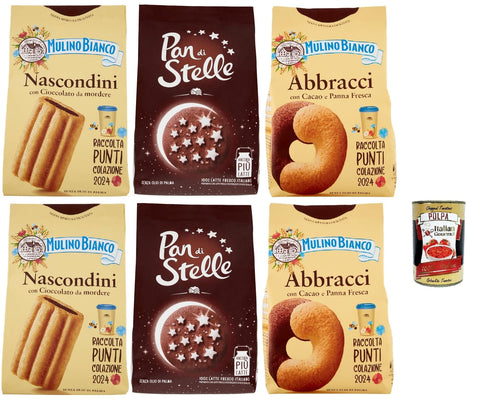 Mulino Bianco Testpaket Pan di stelle - Abbracci - Nascondini Shortbread Kekse mit Schokolade zum Anbeißen biscuits cookies, 2x330 g - 4x350 g italienisch