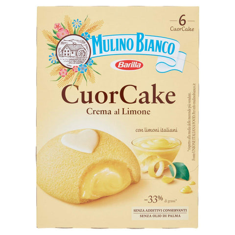 Mulino Bianco Barilla Cuor Cake Snack gefüllt mit Zitronencreme (6 x 35 g) 210 g Mini Kuchen mit italienischen Zitronen ohne Palmöl Biskuitkuchen italienisch Original