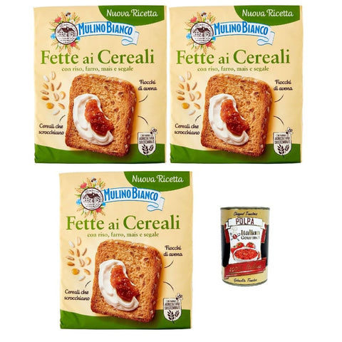 Mulino Bianco Zwieback Mulino Bianco Fette biscottate ai cereali Getreide Zwieback Frühstückskekse Zwieback kekse gebackenem Brot 3x315 g italienisch Original + kostenlos polpa 400 g 8032804040014