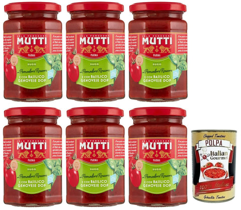 Mutti Gemüse 6x Mutti Sugo con Basilico,Sauce mit Rossoro-Tomate und Genuesischem Basilikum DOP,Italienische Tomatensauce 280g + Italian Gourmet Polpa di Pomodoro 400g Dose 8005110513053