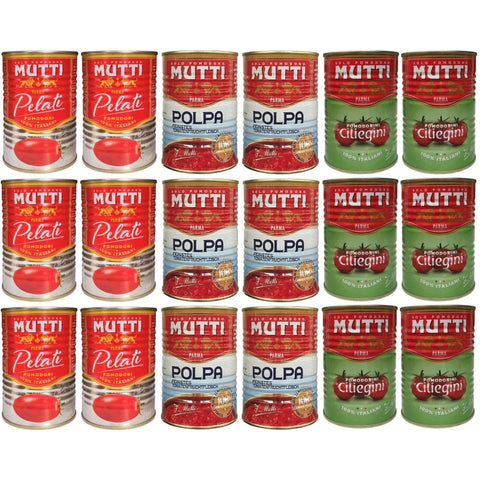 Mutti Gemüse Mutti Paket - Pomodorini Ciliegini / Kirschtomaten (6 x 400g) Original italienisch inkl. Pomodori Pelati / Schältomaten (6 x 400g) + Polpa/Feinstes Tomatenfleisch (6 x 400g) 8005110550591