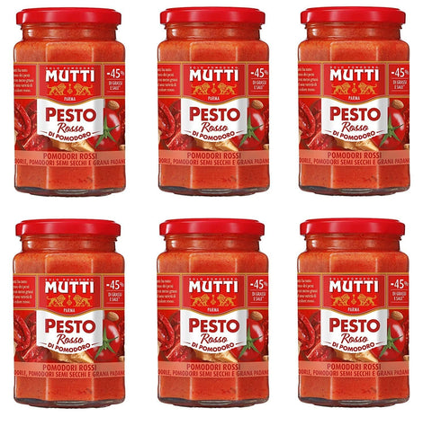 Mutti Pastasaucen 6x Mutti Pesto Rosso Pomodori Rossi Rotes Tomatenpesto Pasta Sauce 100% italienische Tomate Glas 180g Würzsaucen mit Mandeln, Tomaten, getrockneten Samen und Grana Padano 8005110001550