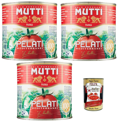 Mutti Pastasaucen Mutti Professional Sugo Pelati Mediterranei Mediterrane Geschälte Tomaten, medeterrian style peeled tomatoes 3x 2,5Kg Original italienisch inkl. Italian Gourmet Polpa 400g 8005110043000