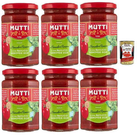 Mutti Pastasaucen Mutti Sugo di pomodori con pomodoro rossoro e con "Basilico Genovese DOP, Tomatensauce mit Rossoro -Tomaten und mit "Genovese Basilikum Dop", 6x 280g Original italienisch inkl. Italian Gourmet Polpa 400g 8032804040014