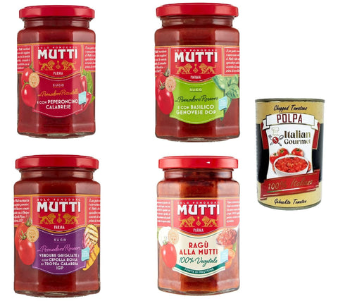 Mutti Pastasaucen Mutti Sugo Testpaket, ragu', basilico, calabrese, con verdure, 4x 280g + Italian Gourmet polpa 400g 8005110003769