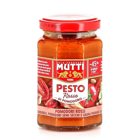 Mutti Pesto 24x Mutti Pesto Rosso Pomodori Rossi Rotes Tomatenpesto Pasta Sauce 100% italienische Tomate Glas 180g Würzsaucen mit Mandeln, Tomaten, getrockneten Samen und Grana Padano 8005110001550