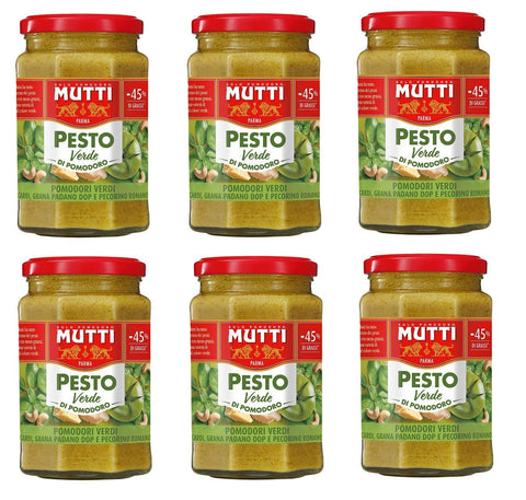Mutti Pesto 6x Mutti Pesto Verde Pomodori Verdi Grünes Tomatenpesto Pasta Sauce 100% italienische Tomate Glas 180g Würzsaucen mit Cashewnüssen, Grana Padano und Pecorino Romano 8005110001574