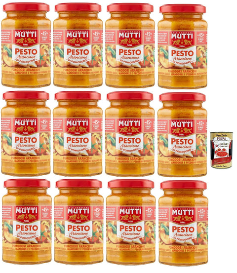 Mutti Pesto Mutti Pesto arancione di pomodoro, -45% des Fetts, Pesto mit gelben Kirschtomaten, Mandeln und Pecorino -Käse 12x 180g + Italian Gourmet polpa 400g 8005110001598