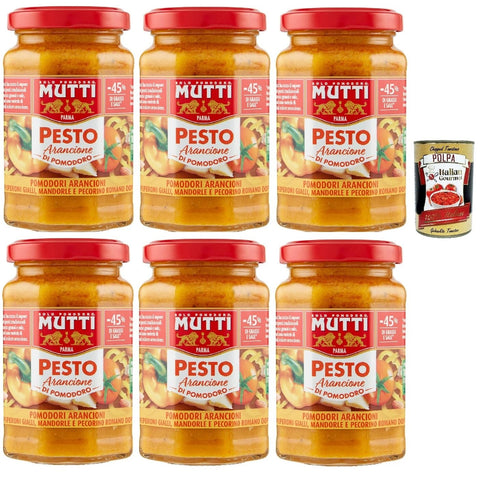Mutti Pesto Mutti Pesto arancione di pomodoro, -45% des Fetts, Pesto mit gelben Kirschtomaten, Mandeln und Pecorino -Käse 6x 180g + Italian Gourmet polpa 400g 8005110001598