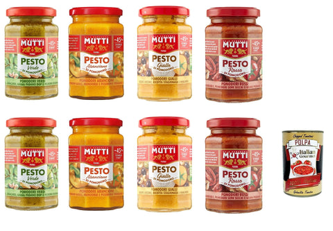 Mutti Pesto Mutti Pesto Testpaket Pomodori Tomatenpesto Pasta Sauce 100% italienische Tomate Glas 8x 180g Würzsaucen mit Cashewnüssen, Grana Padano und Pecorino Romano + Italian Gourmet polpa 400g 8005110002984