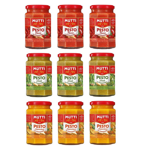 Mutti Pesto Mutti TESTPAKET Mutti Pesto Arancione Verde Rosso Pomodori Italiani orange Tomaten grüne Tomaten rote Tomaten Pesto 9 x 180g italienisch Original 8005110001598