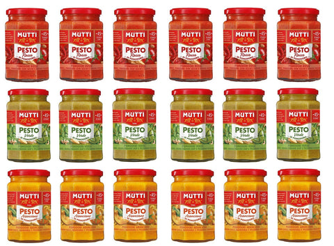 Mutti Pesto TESTPAKET Mutti Pesto Arancione Verde Rosso Pomodori Italiani orange Tomaten grüne Tomaten rote Tomaten Pesto Tomatenpesto Pasta Sauce 100% italienische Tomate Glas ( 18 x 180g ) 8005110001598