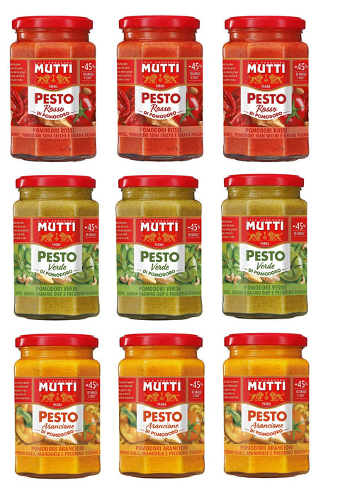 Mutti Pesto TESTPAKET Mutti Pesto Arancione Verde Rosso Pomodori Italiani orange Tomaten grüne Tomaten rote Tomaten Pesto Tomatenpesto Pasta Sauce 100% italienische Tomate Glas (9 x 180g) 8005110001598
