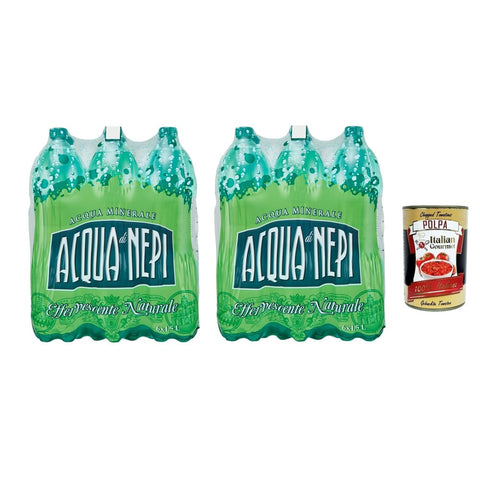 Nepi Stilles Wasser Nepi Acqua di Acqua Minerale Effervescente Naturale, Natürliches sprudelndes Mineralwasser Pet 12 x 1,5 l Original italienisch inkl. Italian Gourmet Polpa 400g 8032909570119