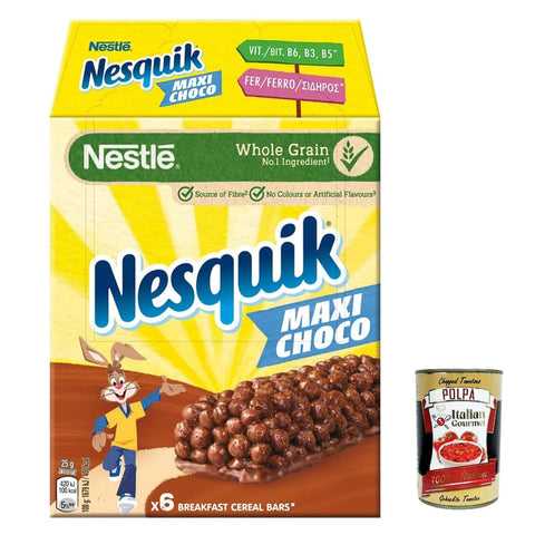 Nesquik Cereali Knabberartikel Nesquik Cereali Barrette ai cereali Müsli -Getreidestangen mit Schokolade und Milch 6x25 g 6x italienisch Original + kostenlos polpa 400 g 5900020017437