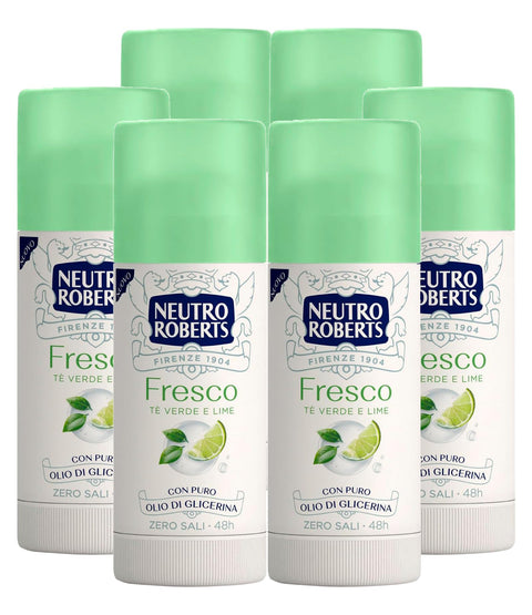 Neutro Roberts Deodorant Stick Fresco Zero Salze Wirksam 48h Duft Grüner Tee und Limette - 6 Flaschen à 40 ml 6x italienisch Original