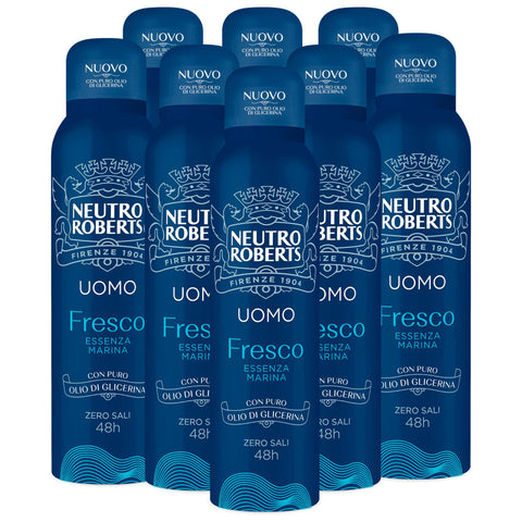 Neutro Roberts Deo-Spray für Herren, 48 Stunden, ohne Aluminiumsalze für natürliche Atmungsaktivität, staubfrei, hinterlässt keine Flecken auf der Kleidung - 8 Flaschen à 150 ml Original italienisch