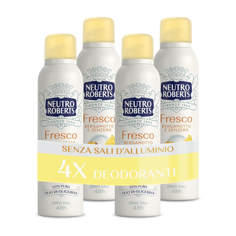 Neutro Roberts Deodorant-Spray, frisch gelb, Bergamotte und Ingwer, Zero Aluminiumsalze, keine Flecken, mit reinem Glyzerin-Öl, für Damen und Herren, dermatologisch getestet, 48h - 4 Stück à 150 ml Original italienisch