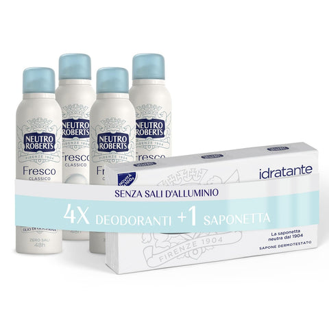 Neutro Roberts Deo Neutro Roberts, Klassisches frisches Deodorant Spray, keine Aluminiumsalze, keine Flecken, mit reinem Glycerinöl, Deodorant für Damen und Herren, dermatologisch getestet, 48h - 4 Stück à 150 ml 8002410038941