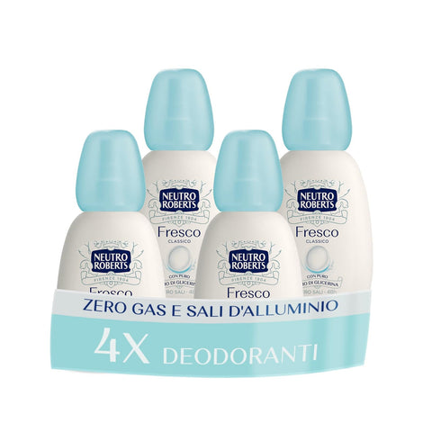 Neutro Roberts Deo Neutro Roberts, Vapo Lufterfrischer, klassisch, ohne Aluminiumsalze, mit reinem Glycerinöl, Deodorant für Damen und Herren, 100% recycelter Kunststoff, kein Gas, 48 h – 4 Stück à 75 ml 8002410038897