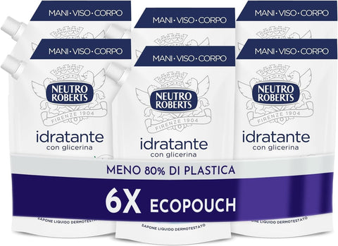 Neutro Roberts Handseifen Neutro Roberts, Ecopouch Flüssigseife feuchtigkeitsspendend mit Glycerin, umweltfreundliche Nachfüllung von Flüssigseife für die Hände - Dermatologisch getestet, ohne Seife - 6 Flaschen à 400 ml 8002410011104