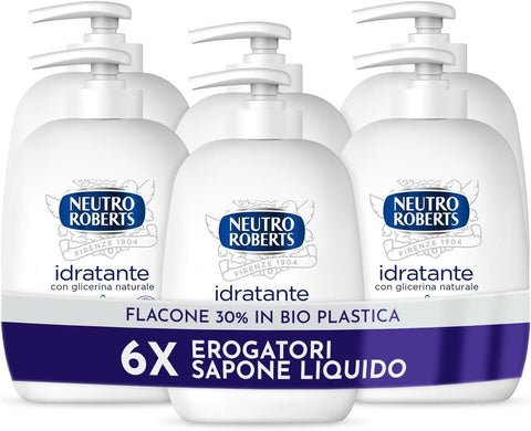 Neutro Roberts Handseifen Neutro Roberts, Feuchtigkeitsspendende Flüssigseife mit Glycerin, Flüssigseife für die Hände mit natürlichen Inhaltsstoffen – Flasche aus Bio-Kunststoff, recycelbar – Packung mit 6 x 200 ml 8002410011258