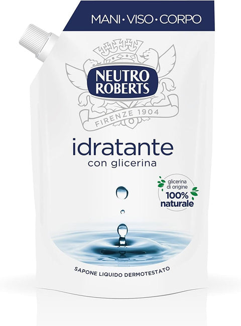 Neutro Roberts Flüssigseife Ecopouch Feuchtigkeitsspendend mit Glycerin, umweltfreundliche Nachfüllung von Flüssigseife für Hände, dermatologisch getestet, ohne Seife, 400 ml Flasche Original italienisch