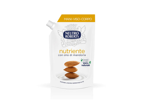 Neutro Roberts Sapone nutriente Ecoricarica Nährende Flüssigseife mit reinem Glycerinöl und Mandelöl, Flasche aus 1x400ml Original italienisch Pflege