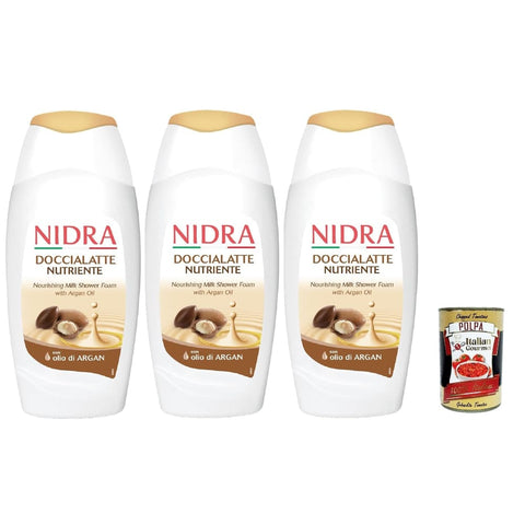 Nidra Doccialatte Nutriente Duschgel Nidra Doccialatte Nutriente Duschgel Hilft, die Haut mit Feuchtigkeit zu versorgen und zu reinigen mit Milchproteine und Arganöl 3x 250ml Original italienisch inkl. Italian Gourmet Polpa 400g 8032804040014