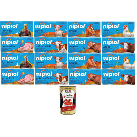 Nipiol Testpaket Homogenisiert Lamm,Pferd, Rind,Huhn,Schinken,Truthahn,Huhn und Kalbfleisch,Kalbfleisch 16x160 gr (2x80 gr) italienisch Original
