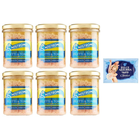Nostromo Fleisch, Geflügel & Wild Nostromo Thunfisch Filetti di Tonno all'Olio di Oliva,Thunfischfilets in Olivenöl,180g Glas 6er-Pack Original italienisch inkl. 1er-Pack Kostenlos Felce Azzurra Talkumpuder, 100g-Beutel 8001280026102