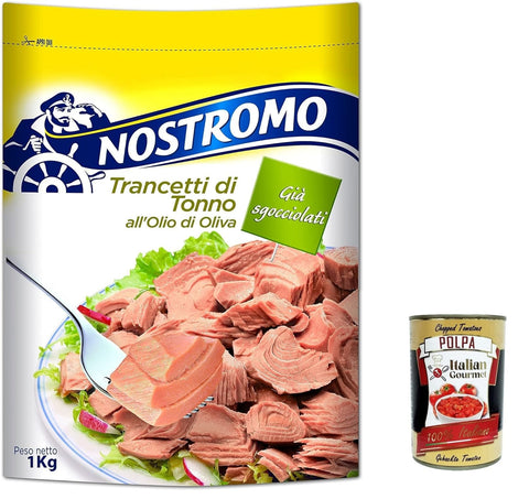 Nostromo Gemüse Nostromo Trancetti di Tonno all'olio di oliva,Thunfischsteaks in Olivenöl,1Kg Beutel + Italian Gourmet polpa 400g 8005850128814