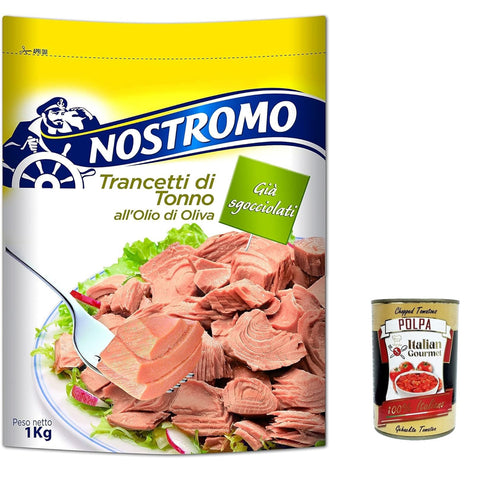 Nostromo Trancetti di Tonno all'olio di oliva Thunfischsteaks in Olivenöl Beutel 1 Kg italienisch Original + kostenlos polpa 400 g